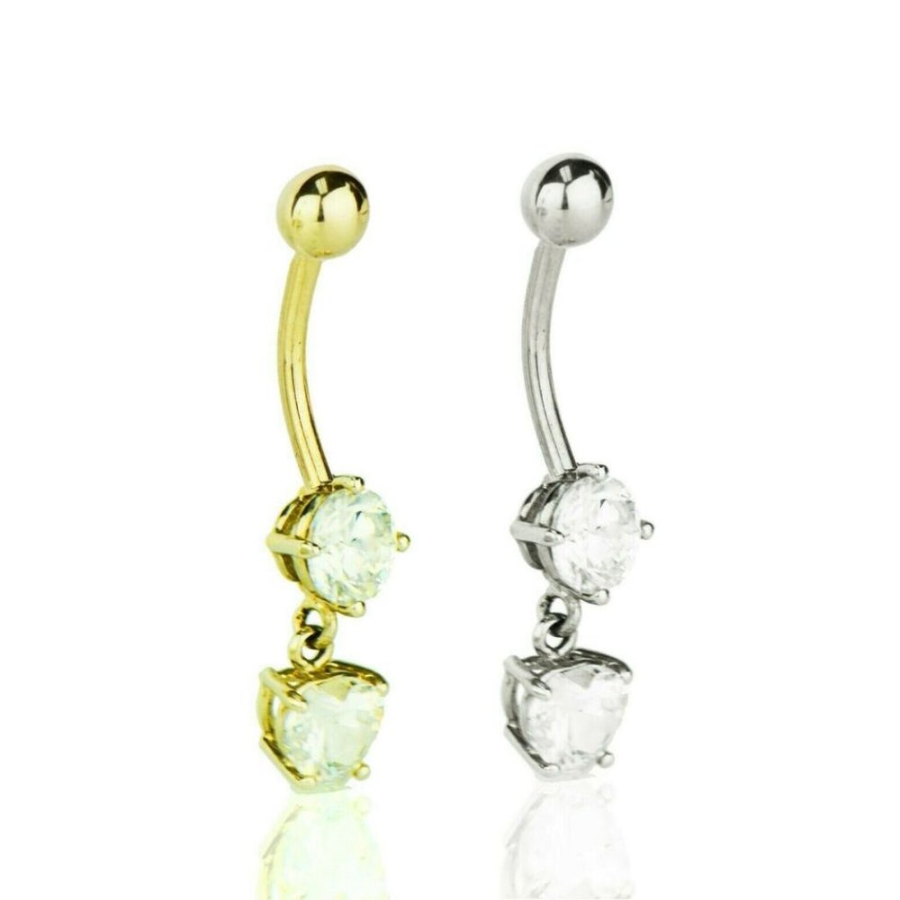 Solid 14k Yellow or White Gold Belly Button Dangle Barbel Bar Ring Body Jewelry
